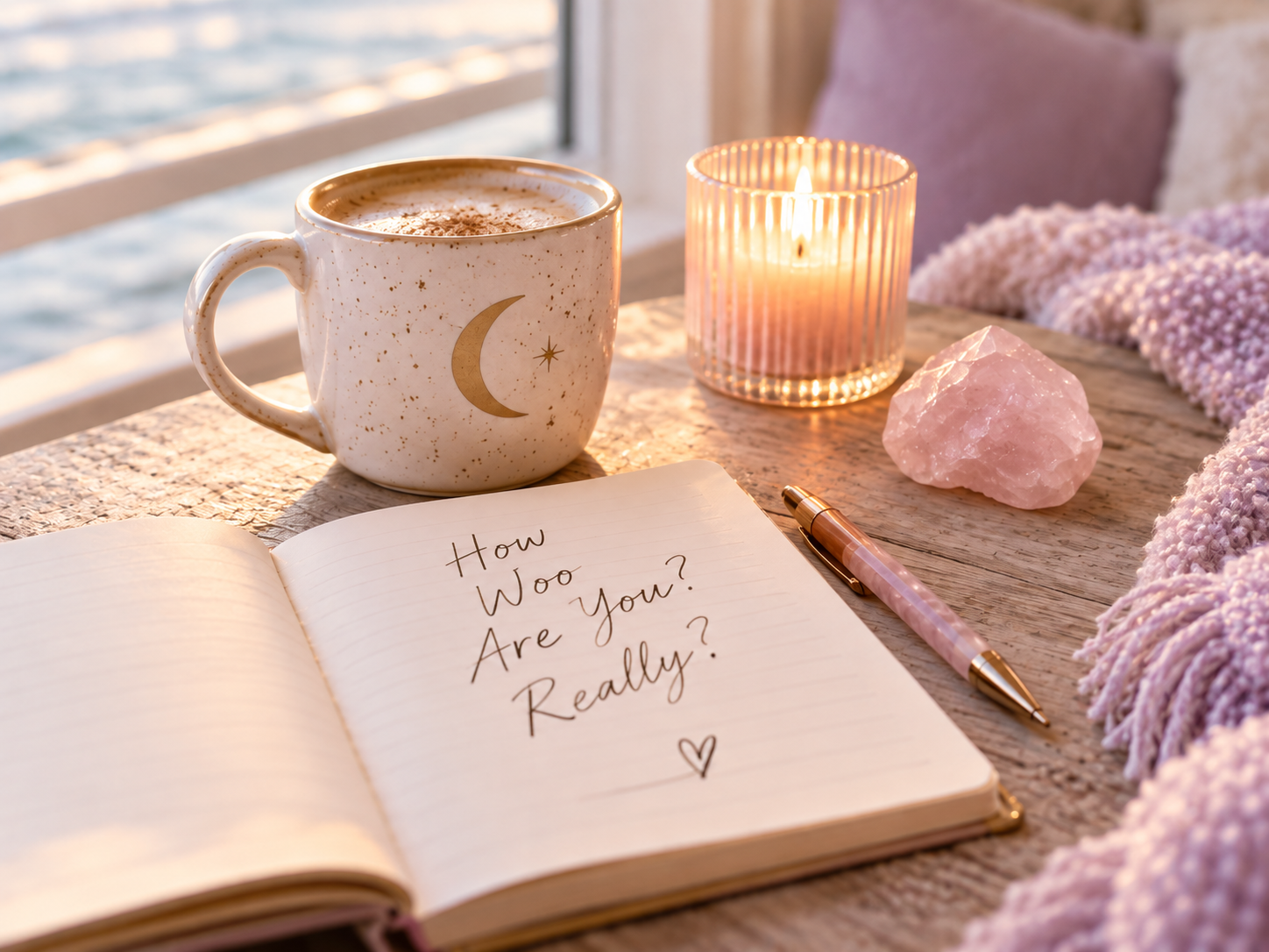 Open notebook reading “How Woo Are You, Really?” beside a mug, candle and rose quartz in a cosy lilac setting.