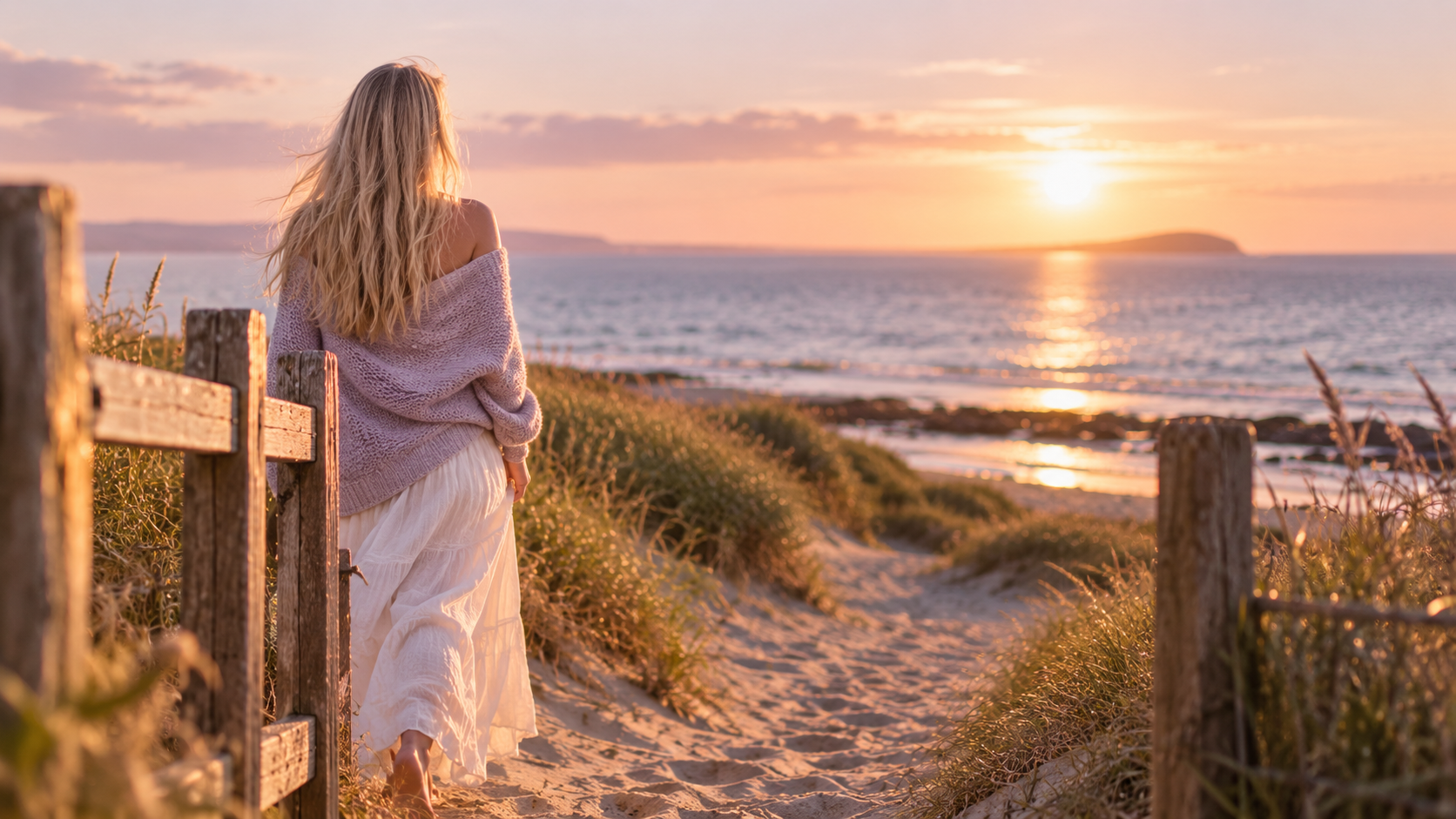 Blonde woman walking along a sandy coastal path toward the sea at sunset
